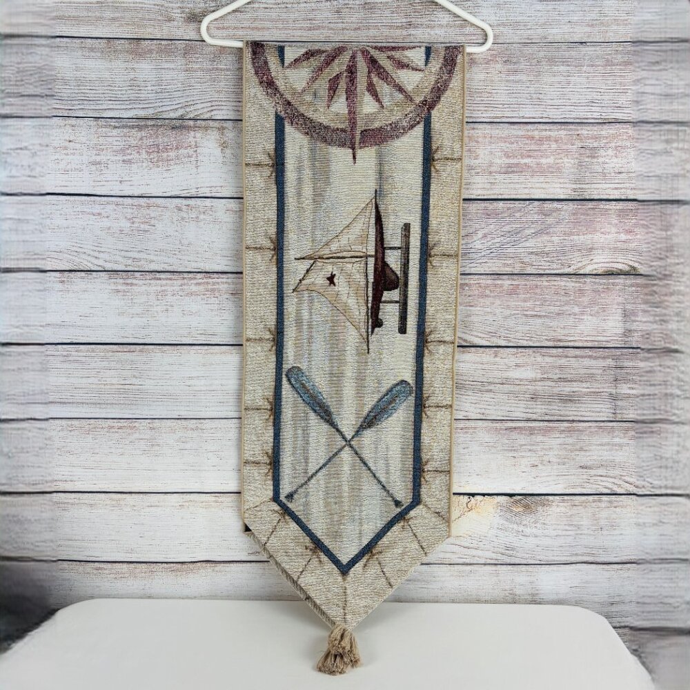 Nautical Table Runner Tapestry Sailboat Beach Décor Tassels 13x70"